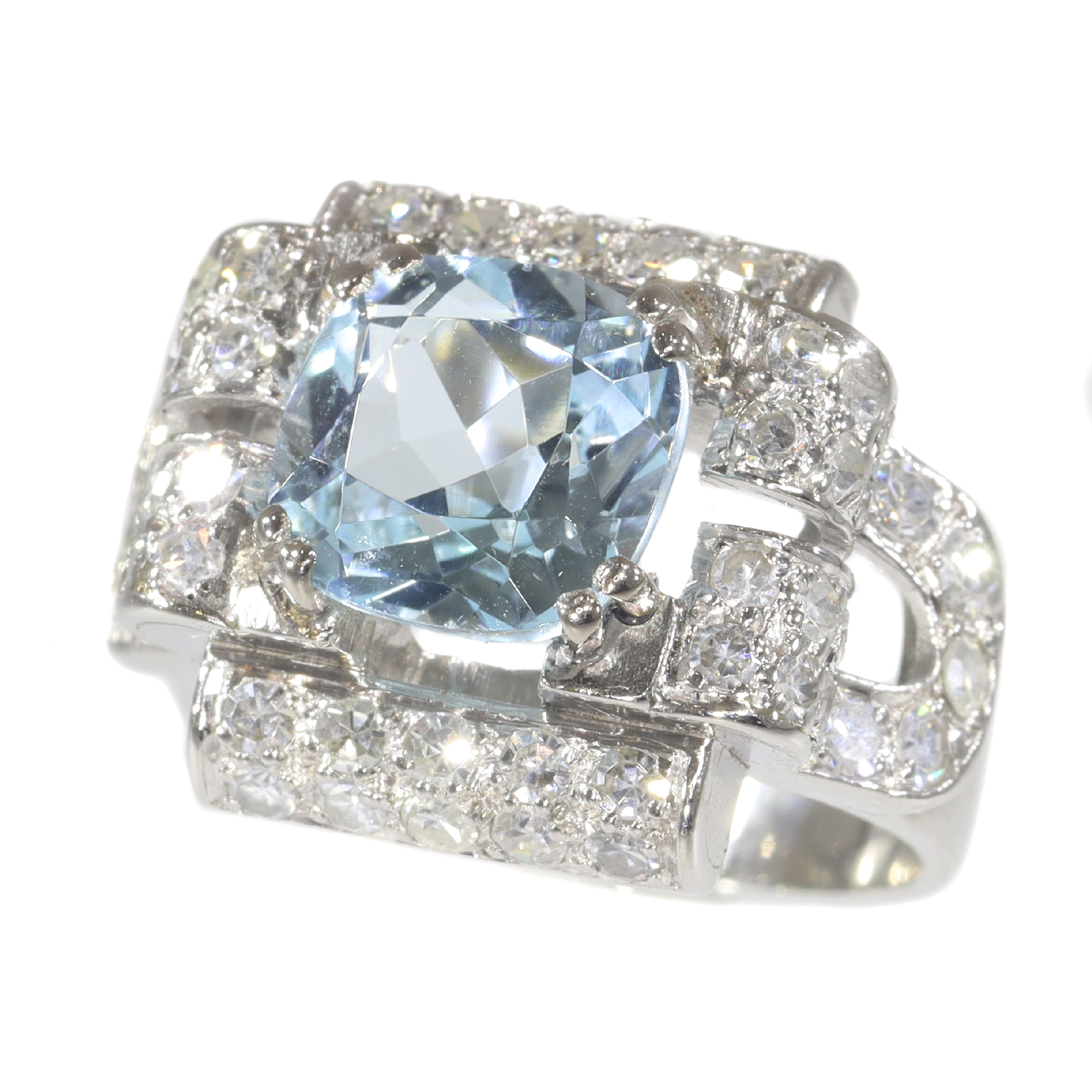 Vintage Fifties Art Deco diamond and blue topaz ring